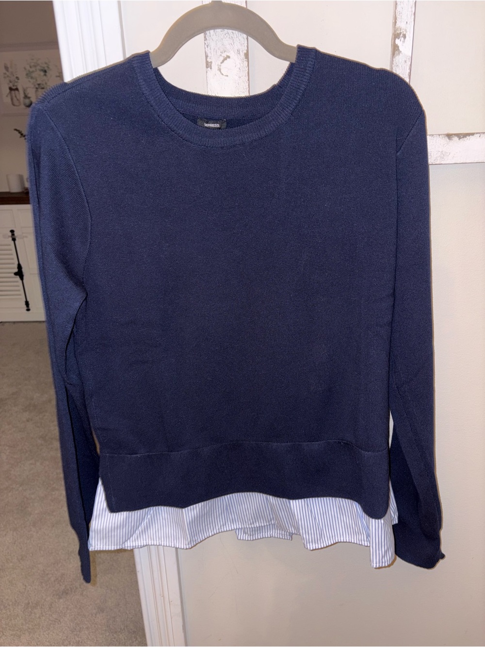 Express Navy Crewneck Sweater with Striped Layered Hem